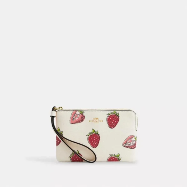 Coach Corner Zip Wristlet With Strawberry Print